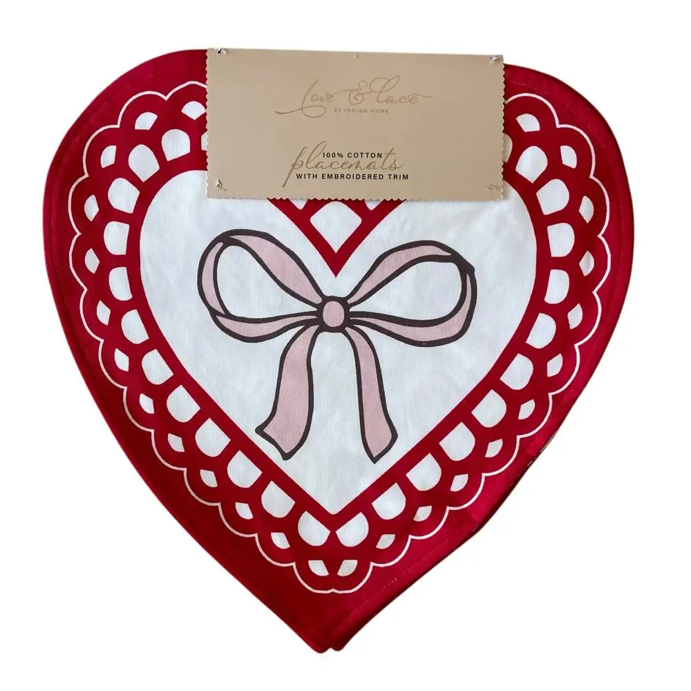 8pc Valentine Heart Placemat & Napkin Set 15in Cotton Pink Red White Love XO NEW